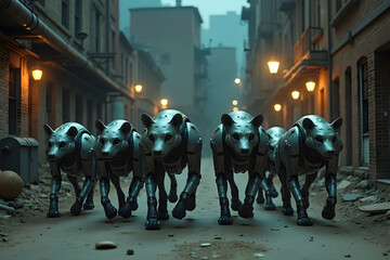 A pack of robotic hyenas prowls an atmospheric urban alleyway, futuristic cityscape with gleaming lights, evoking a sense of science fiction adventure