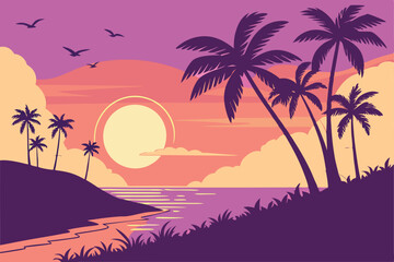 16 Tropical sunset, vibrant color palette, silhouetted palm trees, large sun on horizon, gradient sky, purple to orange, calm ocean reflections, tropical island landscape, vector art style, smooth gra