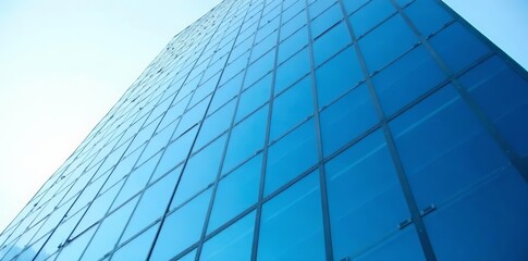 Fototapeta premium Modern glass skyscraper facade with blue tinted panels reflecting the sky, architecture, cityscape
