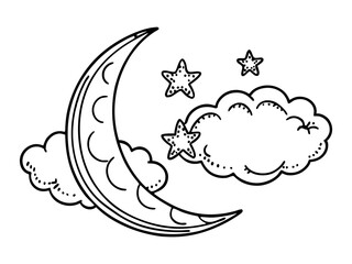 Naklejka premium Contour image of moon, crescent clouds, stars in zentangle inspired doodle styl,e isolated on white
