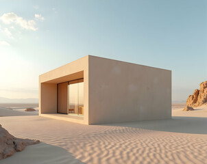 A Serene Desert Abode, Modern Minimalist Architecture in a Vast Expanse of Sand, Reflecting Simplicity, Isolation, and Harmonious Blend with Nature's Palette