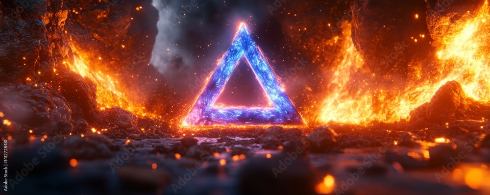 Poster the 'neon triangle frame with pyramids in a cosmic setting' is a unique piece of art