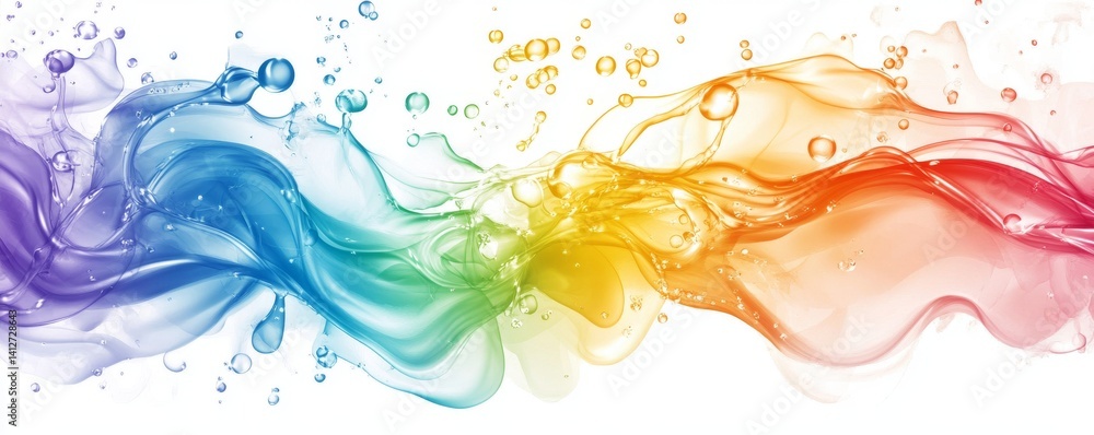 Poster multicolored spheres and waves in abstract swirling motion on a white background