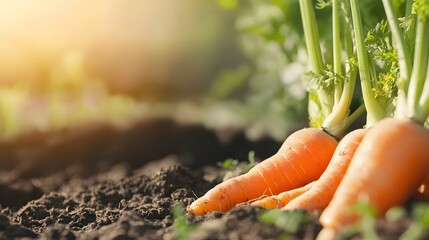Carrots lie on soil near carrot plants in a garden with sunlight.