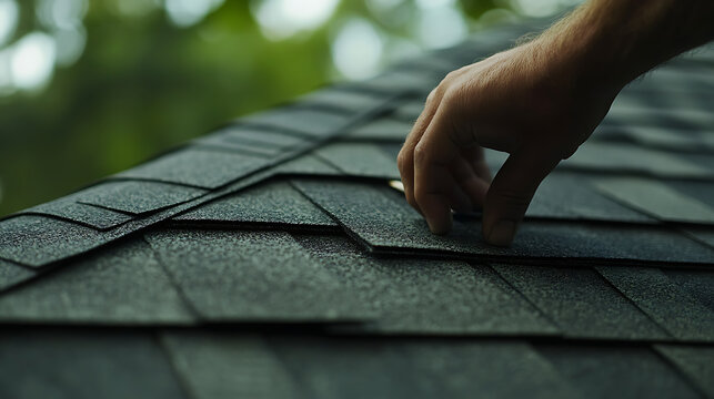 Roofing contractor applying new shingles to a residential roof. Highlighting roof repair and installation