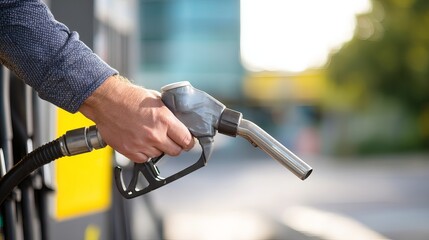 Detail shot of hand gripping fuel nozzle at service station