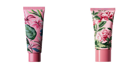 Png of Two elegant floral-patterned cosmetic tubes showcasing vibrant designs, perfect for skincare or beauty products.