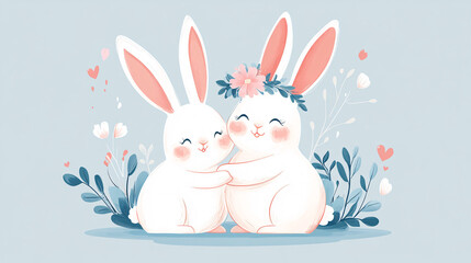 Obraz premium Two playful bunnies nestled close together, both smiling sweetly in a clean and simple flat vector design, featuring soft pinks and blues on a minimal pastel background.