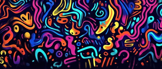 Vibrant Abstract Doodle Art with Colorful Squiggles on Dark Background