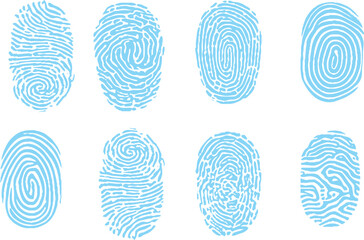 Collection of eight blue fingerprint lock. Fingerprint icons vector