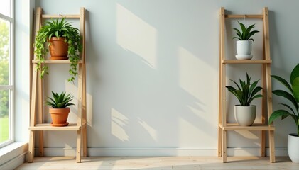 Modern wooden ladder shelf with hanging planters and colorful pots, minimalist, isolated