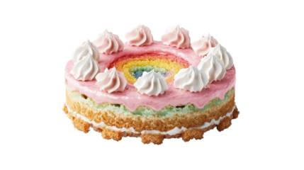 Colorful rainbow layer cake with whipped cream and icing on a black background perfect for celebrations and parties