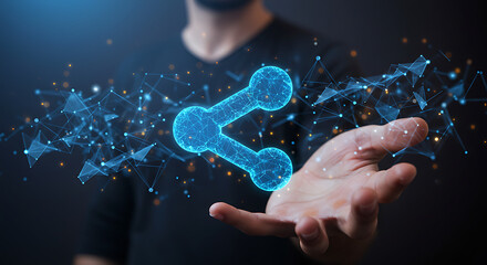 Share Icon Hovering Above Open Palm: Connecting Digital Worlds. Network of data points representing connectivity and technology.