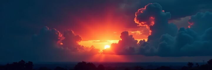 Moody sunset with dark blue sky, looming storm clouds, and billowing smoke, evening, atmospheric, dramatic