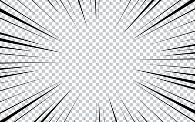 Manga comic effect background with speed ray in retro style. black action line speed effect on transparent background.