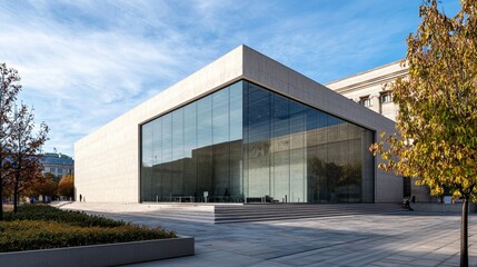 Obraz premium A large building with a glass facade and a large tree in front of it