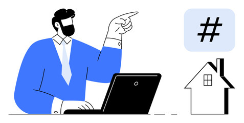 Businessman gestures toward social media metadata tag symbol next to laptop and house, representing digital marketing, home office, and online engagement. Ideal for remote work, social media
