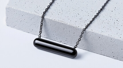 Elegant Gemstone Necklace: A close-up shot features a sleek black gemstone pendant gracefully suspended from a delicate chain. The modern design showcases sophisticated elegance.