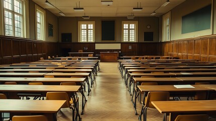 Empty Modern Classroom In the School Interior, Back to School Concept Book, Chair, table 3D Render.