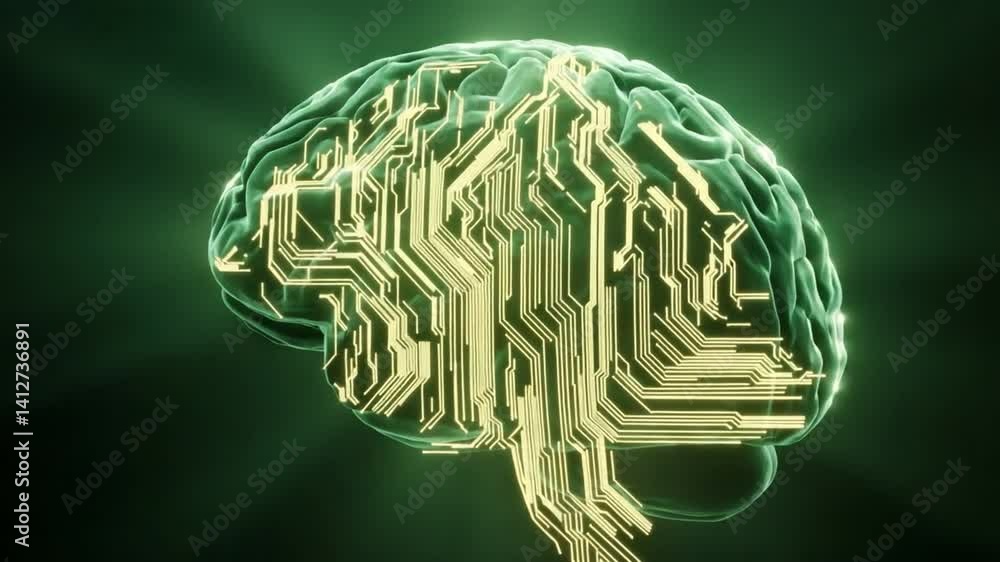 Poster technological brain: an artistic rendering of a brain, infused with a digital circuit board design, 