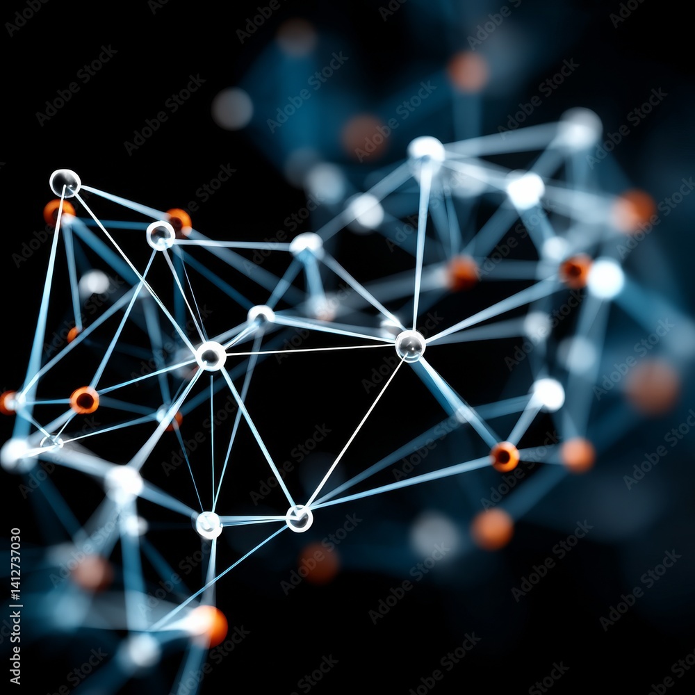 Poster abstract network of spheres and lines on black background: connection, science and futuristic design