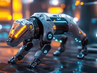 Fototapeta premium Cybernetic Companion: An advanced robotic animal with a sleek design prowls through a futuristic cityscape. A marvel of technology.