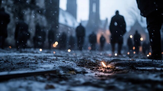 Mysterious night scene with blurred silhouettes and glowing candles in an atmospheric setting : Generative AI