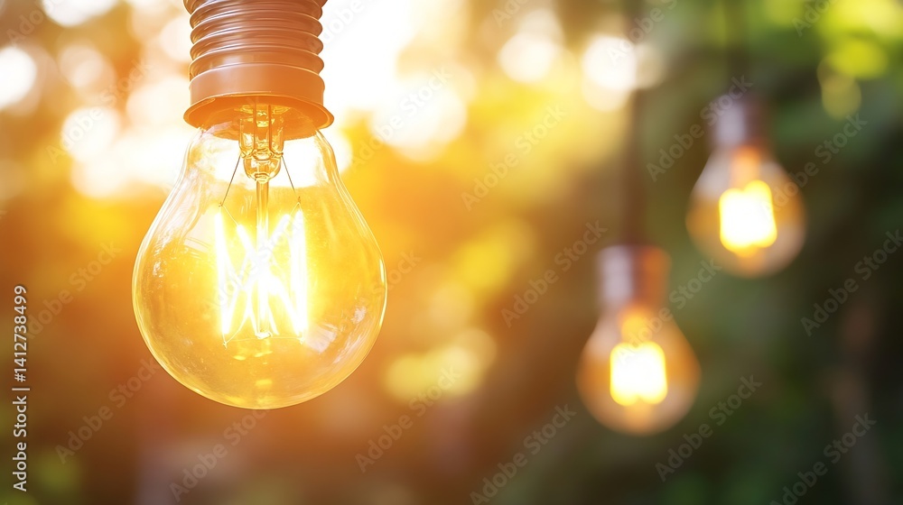 Poster bright vintage light bulb hanging in bokeh background : generative ai