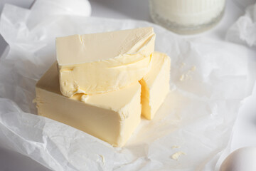 Baking Ingredients: Cottage Cheese, Flour, Milk, Eggs and Butter