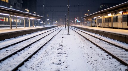 Obraz premium Scenic winter train station with snow-covered tracks creating a serene atmosphere : Generative AI