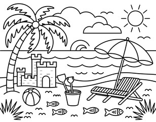 A simple line drawing of a tropical beach scene, perfect for coloring books or educational resources