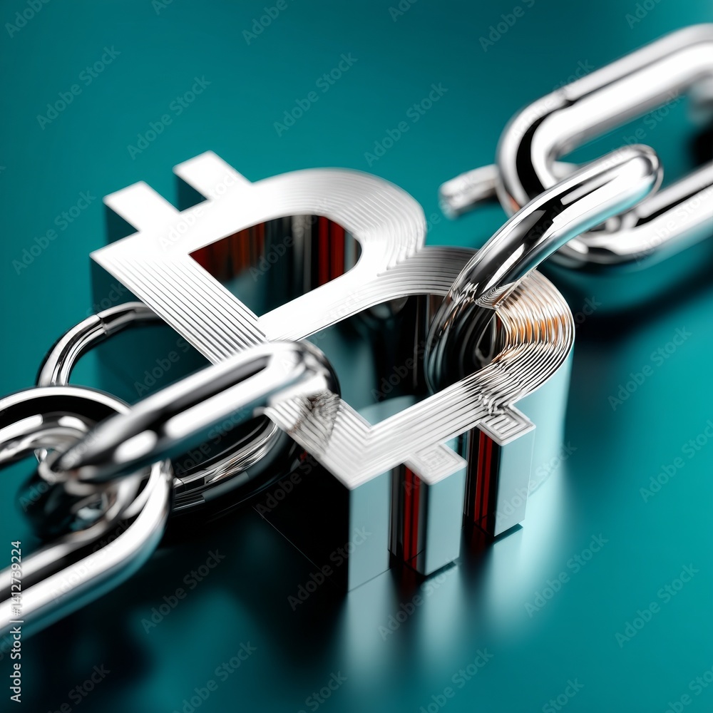 Poster Bitcoin Blockchain Security: A 3D Render of a Bitcoin Symbol Secured by a Heavy Chain, Emphasizing Cryptocurrency's Safety.