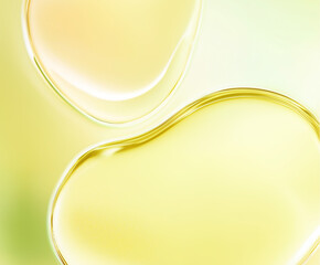 abstract composition of two overlapping liquid shapes on a gradient background that transitions from yellow to green. The top shape is a translucent yellow-green