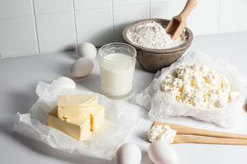 Baking Ingredients: Cottage Cheese, Flour, Milk, Eggs and Butter