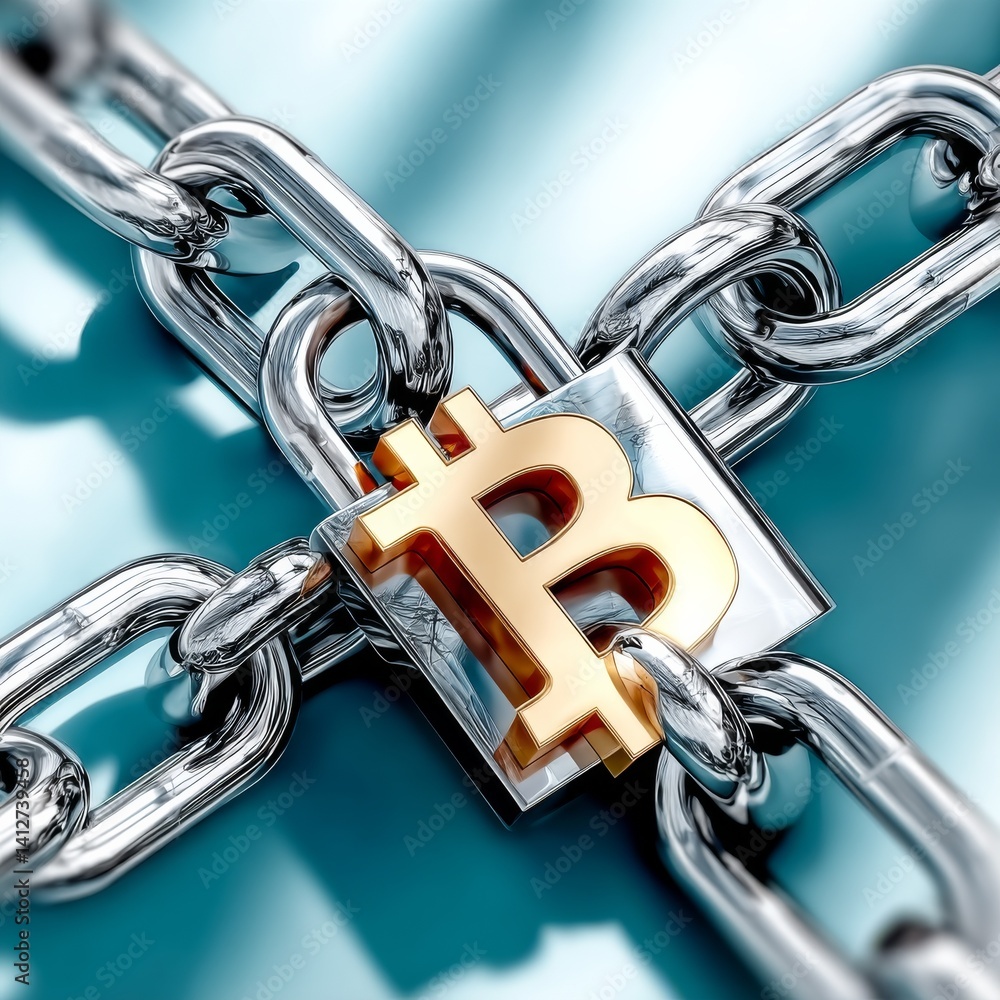 Poster bitcoin security: golden bitcoin symbol locked securely with chains and padlock, cryptocurrency prot