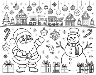 This black and white coloring page showcases a charming Christmas scene