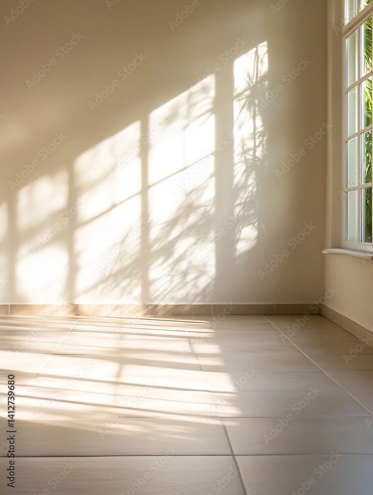 Poster serene room interior with long shadows and natural light creating a calming atmosphere perfect for m