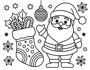 A charming black and white coloring page featuring Santa Claus, a Christmas stocking, candy canes, holly, and ornaments