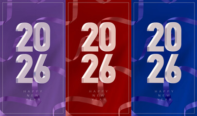 A set of vertical banners with the metallic numbers 2026 and a serpentine on a background of colored fabric in different colors. Modern design for New Year and Christmas cards. 3D vector