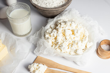 Baking Ingredients: Cottage Cheese, Flour, Milk, Eggs and Butter