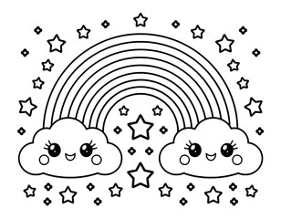 This black and white coloring page features a whimsical rainbow arching over two adorable cartoon clouds with big eyes and smiles