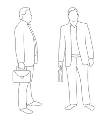 Line Art Business Man with Case Front and Side View Isolated. People, fashion and activities at work