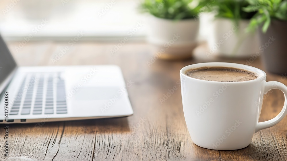 Poster freshly brewed coffee next to laptop on rustic table perfect for work from home setup : generative a