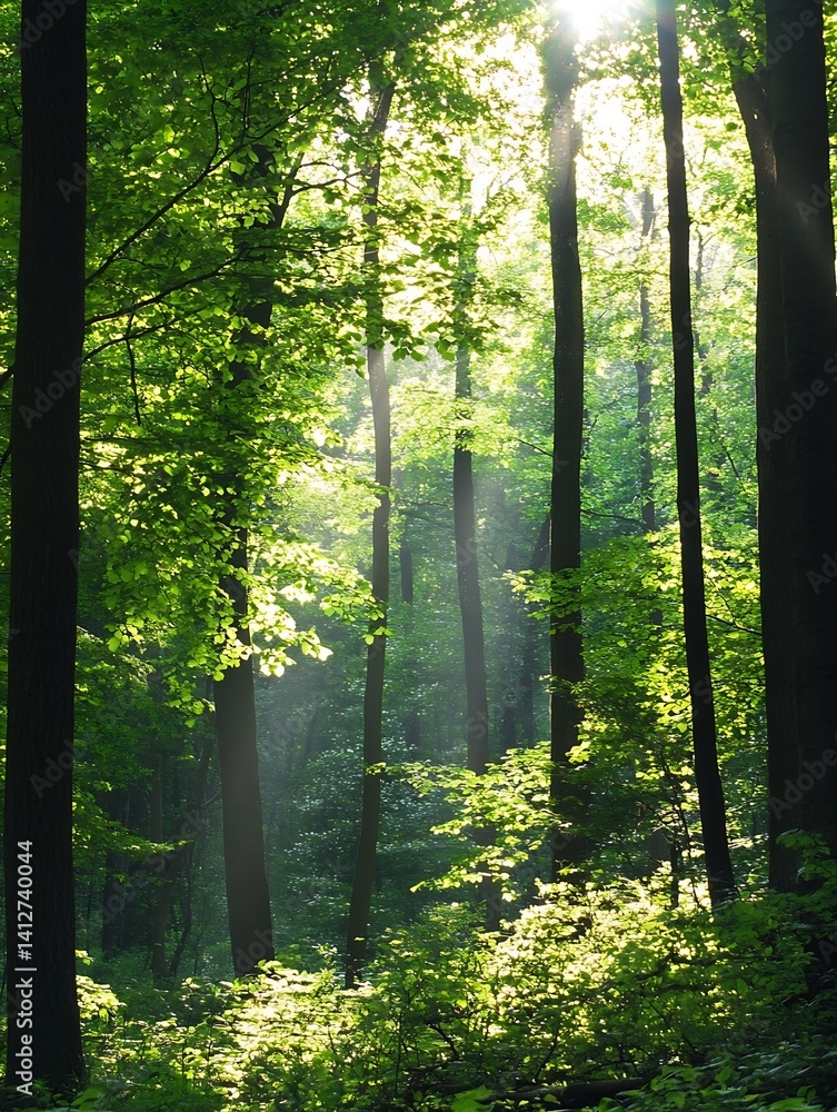 Poster Sunlight Filtering Through Lush Green Trees in a Serene Forest for Nature Lovers : Generative AI