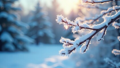 Glistening frost on white winter branches, stark contrast, peaceful, photography, calm