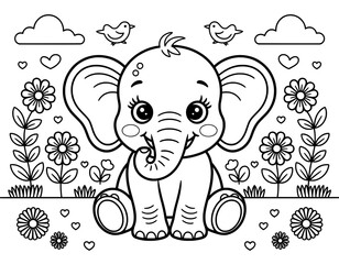 Obraz premium A charming black and white coloring page features a friendly baby elephant sitting amidst a garden of flowers and birds