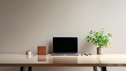 Minimalist Workspace With Laptop Pencils Notebook And Plant On Wooden Desk