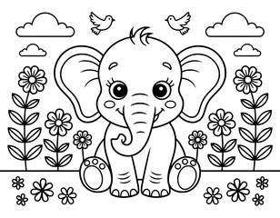 A cheerful black and white coloring page featuring a sweet, cartoon elephant sitting amidst flowers and birds