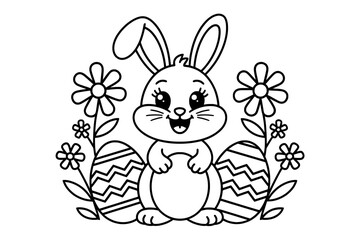 A black and white coloring page featuring a cheerful cartoon Easter bunny holding two decorated eggs
