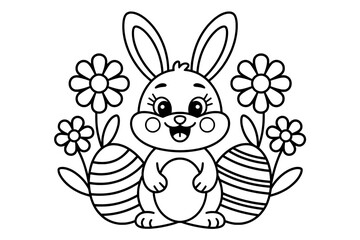A cheerful, cartoon-style black and white Easter bunny surrounded by flowers and Easter eggs